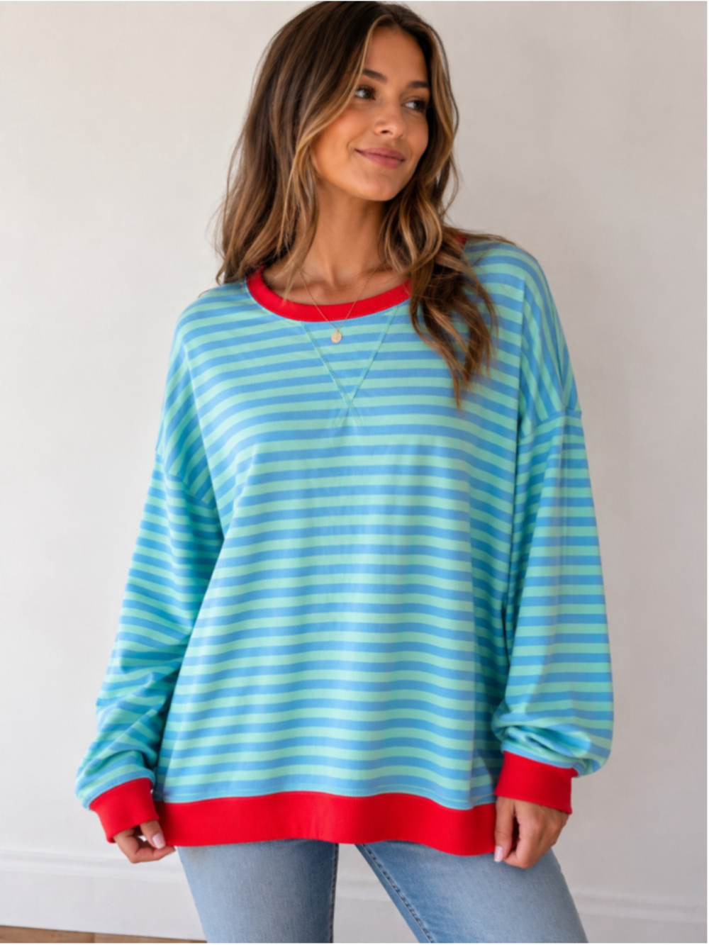 Women's day + moon Striped Sweatshirt Size L Blue Green Red